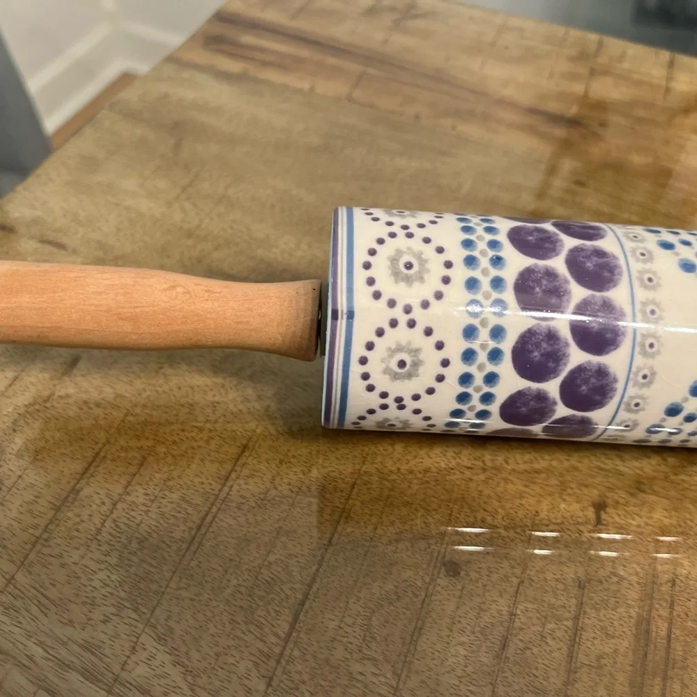 Anthropologie Psychedelic Pattern Ceramic Rolling Pin W/ Wood Handles